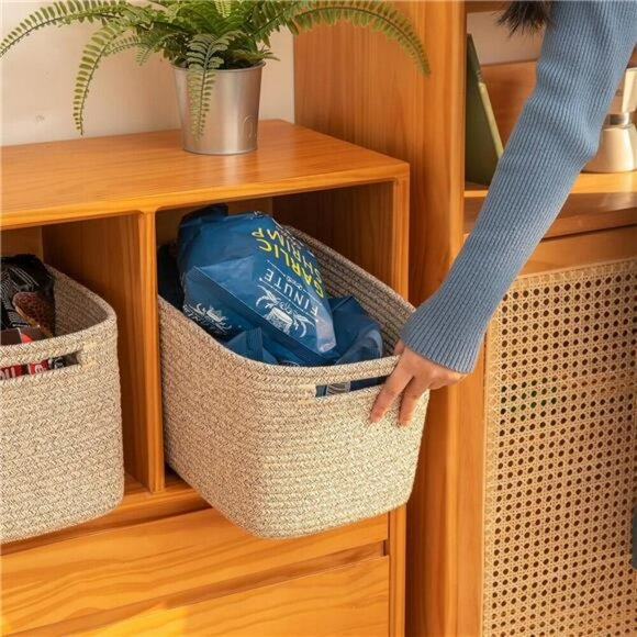 Woven Cotton Storage Baskets Set Cube Shelf Organizer Bins with Handles - Picture 4 of 8
